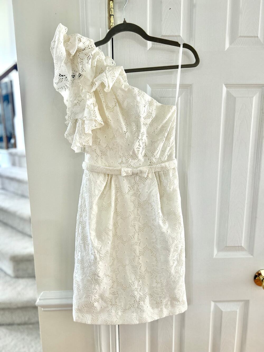 The Dress Priscilla of Boston Cream White Eyelet Ruffle Shoulder Mini Dress